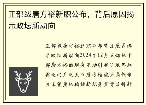正部级唐方裕新职公布，背后原因揭示政坛新动向