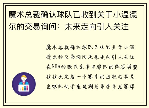 魔术总裁确认球队已收到关于小温德尔的交易询问：未来走向引人关注