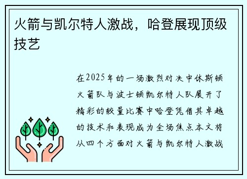 火箭与凯尔特人激战，哈登展现顶级技艺