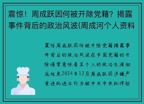 震惊！周成跃因何被开除党籍？揭露事件背后的政治风波(周成河个人资料简介)