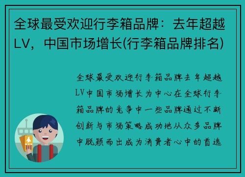 全球最受欢迎行李箱品牌：去年超越LV，中国市场增长(行李箱品牌排名)